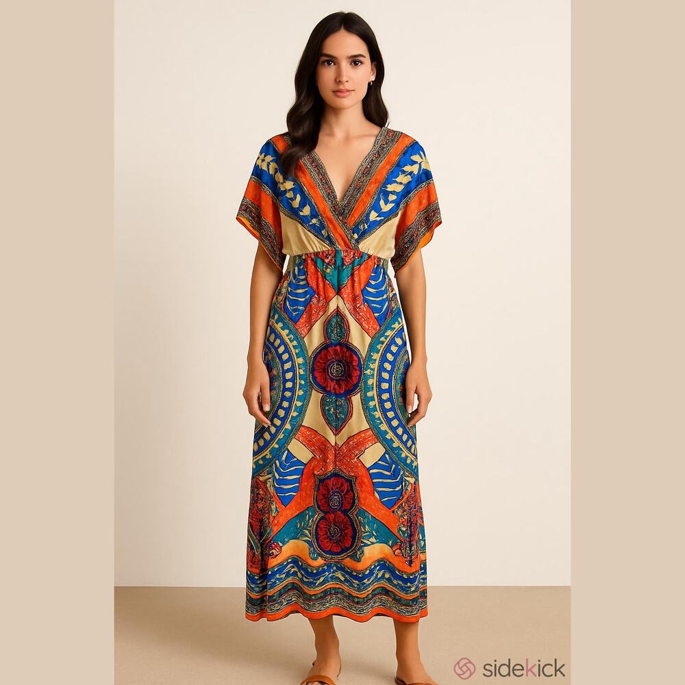 Miami, Bohemian dress. Op Art, V neck flowy tribal lightweight orange blue